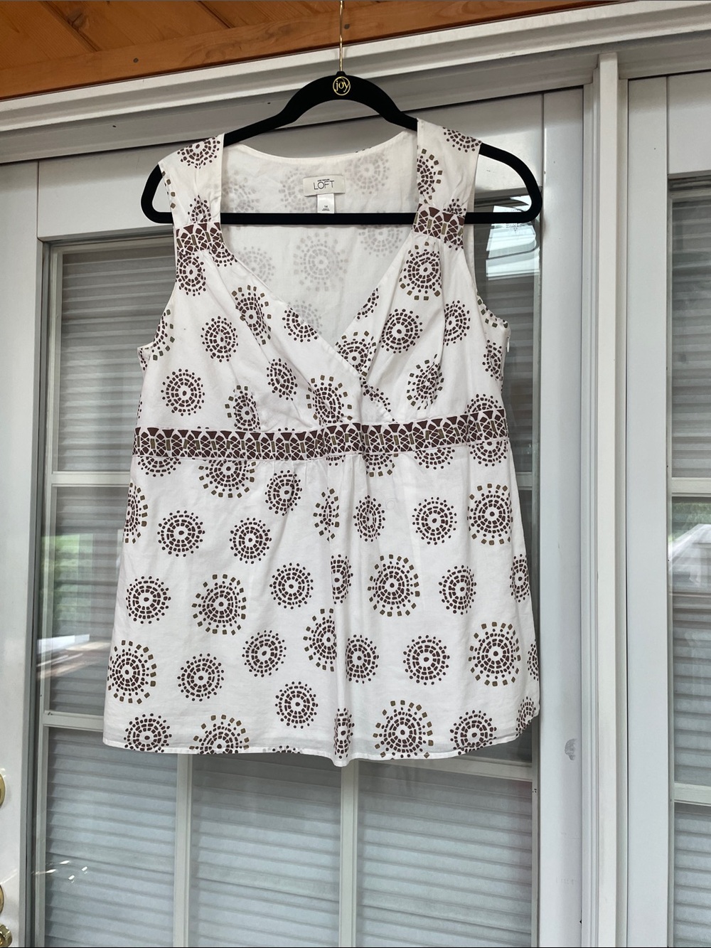 LOFT White Sleeveless V-Neck Tank with Brown Medallion Print